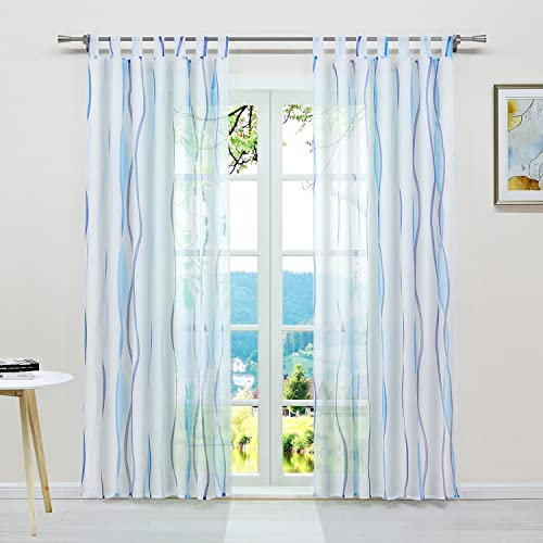ESLIR Gardinen mit Schlaufen Vorhänge Gardinenschals Transparent Schlaufenschal Wellen Muster Voile Blau BxH 140x145cm 1 Stück