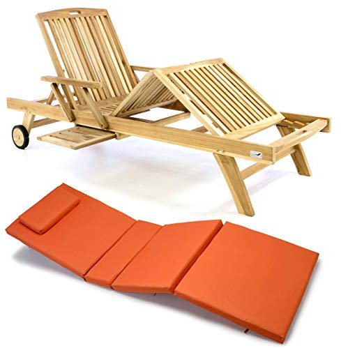 Divero Sonnenliege Holzliege Gartenliege Teak-Holz unbehandelt mehrfach verstellbar inkl. Räder Tablett + Liegen-Auflage 4-teilig wasserabweisend orange grün beige (Farbe wählbar) (Orange)