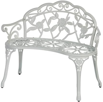 Home Source Cast Iron Garden Bench Metal Frame Patio Chair Outdoor Seating, White, 2 Seater