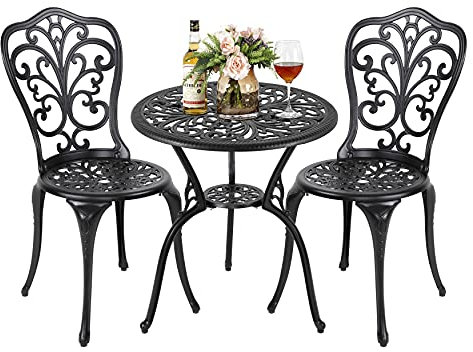 NUU GARDEN Juego de mesa de bistró de 3 piezas para exteriores, juego de mesa y sillas de patio de aluminio fundido para todo tipo de clima, juego de 2 con agujero para sombrilla para patio, balcón,