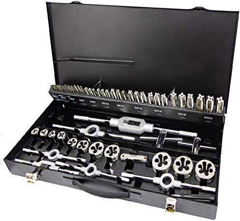 NORTOOLS Gewindeschneidsatz 55-tlg HSS M3-M12 mit Gewindebohrer Gewindeschneid Satz, Matrizenhalter, Schraubendreher und Gewindelehre