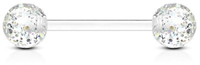 Paula & Fritz® Zungenpiercing-s Glitzer-Kugeln Bioflex Acryl Kunststoff 16mm Stab-länge 1.6 mm Stab-Dicke klar transparent Barbell Kugeln PTFE