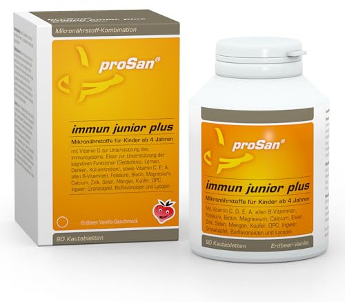 proSan immun junior plus (90 leckere Kautabletten) | Vitamine für Kinder ab 4 J | mit Erdbeer-Vanille-Geschmack | Immunsystem unterstützen mit Vitamin D + viele weitere Vitamine, Mineralien, OPC