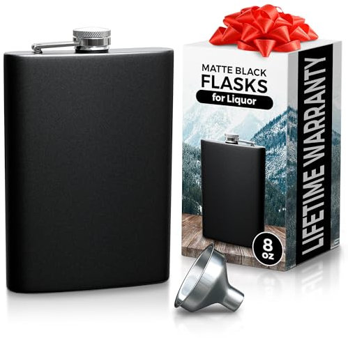 Hip Flask Black Matte Stainless Steel Leak Proof with Metal Funnel for Shot Drinking On the Go - 8 Oz Solid Flask Decanter for Whiskey Alcohol Liquor Rum Vodka for Men & Women