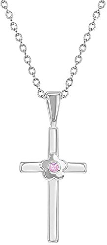 In Season Jewelry 925 Sterling Silber Mädchen 40cm religiöse rosa CZ Zirkonia Blume Kreuz Halskette - schöne Kreuz-Charme-Schmuck für Kinder & Preteens - klassische CZ Kruzifix Anhänger Halskette