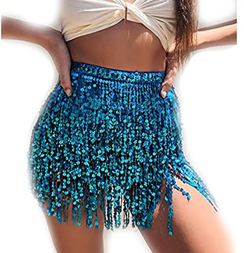 Larancie Paillettenrock, Bauchtanz, Quaste, Schal, Pailletten, Wickelrock, Party, Rave-Kostüm für Damen und Mädchen (See-Blau).