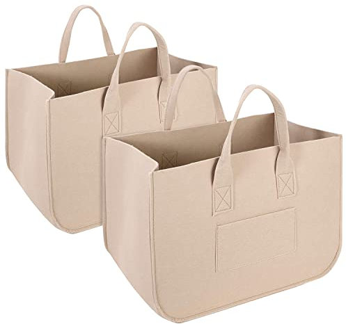 Vinsani 2 Pack Felt Storage Baskets Multifunctional Foldable Large Open Bags with Strong Handles Laundry Hamper Shopping Tote Storage Bag for Firewood Toys Books Clothes Newspapers – Beige