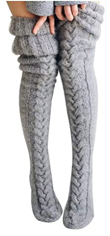 Coscia calze alte sopra calze del ginocchio lana knittd inverno gamba gamba calda a lungo stivale per ragazze da donna grigio, calze invernali donne