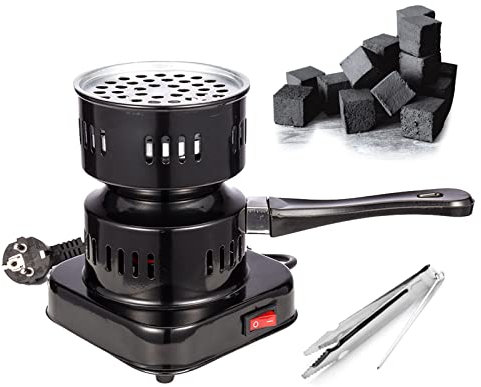 RMAN Shisha Kohleanzünder Elektrisch für Shisha Kohle mit 1KG Kohle Shisha Zubehör Set Kohlegrill mit Tragegriff Kohlezange Wasserpfeife Heizplatte 600W Schwarz