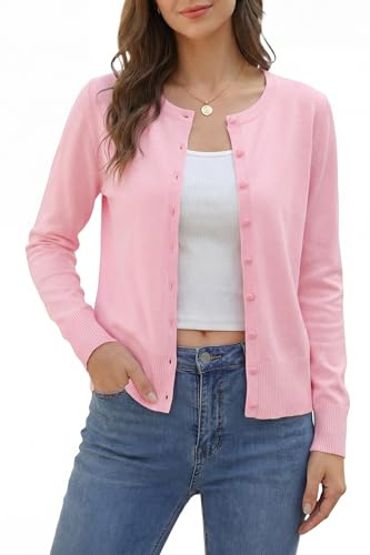 VOTEPRETTY Strickjacke Damen Leichte Cardigan Kurz Pullover Rundhals Strickjacken Langarm Strickmantel mit Knöpfe Rosa, M