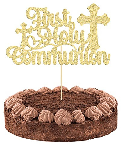 Gyufise 1Pcs First Holy Communion Cake Topper Christian Baptism Cake Pick Decorations Religious God Bless Baby Shower Kids Birthday Cake Decorations for Wedding Baptism Christening Party Supplies Gold