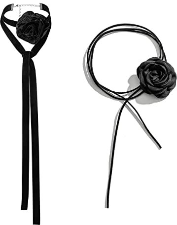rongji jewelry Rose Flower Choker Necklaces for Women,2pcs Lace-up Design Velvet Floral Choker Necklaces in Black, Red, and Blue, Perfect for Weddings, Parties, Velvet, No Gemstone