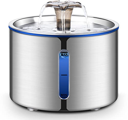 BOORCA Fuente de agua para gatos, fuente de agua de acero inoxidable para mascotas, dispensador automático de agua para perros con ventana de nivel de agua, bomba ultrasilenciosa, perfecta para gatos,