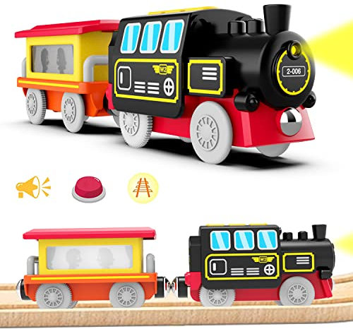 LiRiQi Eisenbahn elektrische lok Holzeisenbahn Zug, Batteriebetriebener Lokomotivzug, Leistungsstarker Motorzug kompatibel mit Brio, Thomas, Spielzeug für Kinder Kleinkind Junge