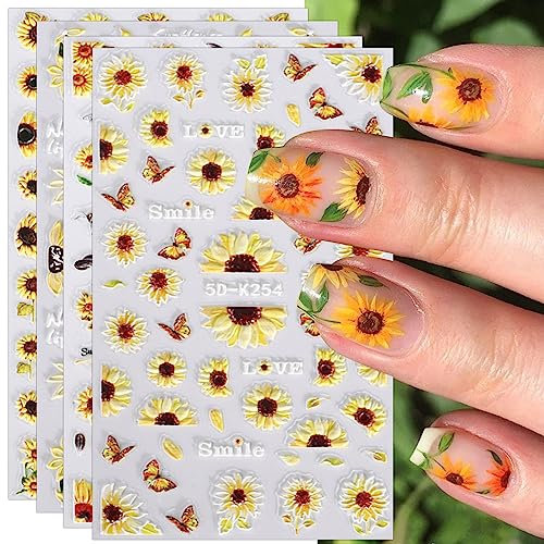 JMEOWIO 3D Embossed Sunflower Summer Flower Nail Art Stickers Decals Self-Adhesive 5D Floral Daisy Nail Supplies Nail Art Design Decoration Accessories 4 Sheets