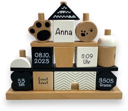 Babygeschenk zum Geburtstag & Geburtsgeschenk Mädchen & Junge - Personalisiertes Stapel- und Steckspiel Haus mit Steckformen Panda | Label-Label | Personalisiert mit Geburtsdaten und Namen