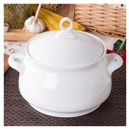 FROOWAN Soupière à soupe en céramique avec couvercle et poignées, grande capacité de 2,5 l, bols de service en porcelaine avec couvercle, pour fêtes à la maison, dîners de famille, micro-ondes, blanc
