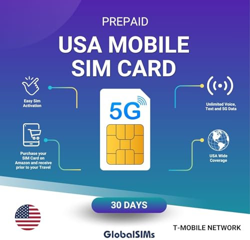 GlobalSims USA Prepaid Sim Card | 30 Days | 5G T-Mobile Network | Unlimited Calls, Texts & Data (30 Days - Unlimited Data)