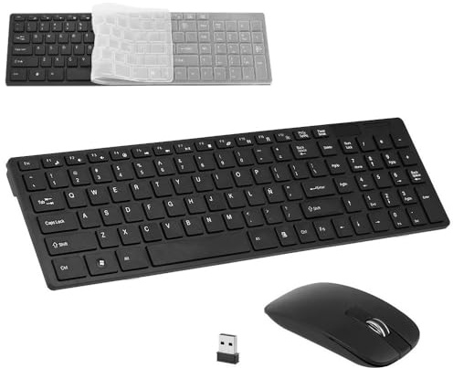 Teclado inalambrico K-06 2,4G + Ratón Combinado Teclado portátil español Ñ para Ordenador PC con ratón Plug and Play + Funda Silicona (Negro)