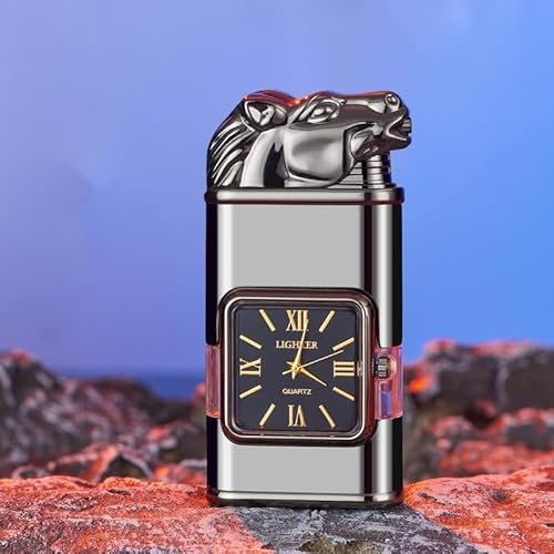 Winddichtes Vintage-Feuerzeug Mit Uhrenlünette, Jet-Flammen-Fackel, 2024 Neues Cooles Einzigartiges Design, Pferde-/Tiger-/Drachentier-Motive, Nachfüllbar