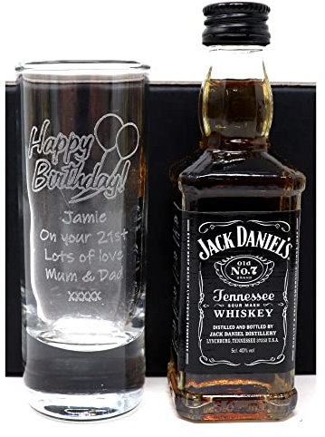 Regalo Personalised Engraved Tall Shot Glass & Miniature Jack Alcohol Gift Set for 30th & 40th Birthdays - Shot Glasses for Men & Women - Tennessee Whiskey