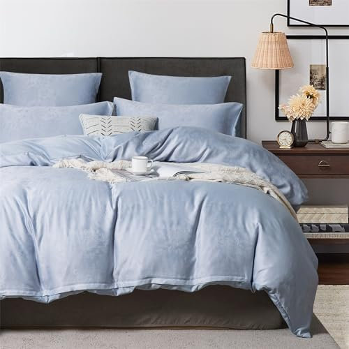 Bettwäsche Satin 135x200 Blau Seide Bettbezug Set 2Teilig Glatt Glänzend Wendebettwäsche Jacquard Blätter Blumenmuster Stickerei Bettwäschegarnitur Einzelbett mit Reissverschluss und1Kissenbezüge80x80