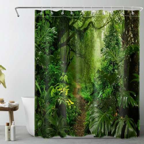 LB Tropenwald Duschvorhang 120x175cm(BxH) Grüne Bäume Pflanzen in den Bergen Antischimmel Wasserdicht Badezimmer Vorhänge, Natur Extra Kurz Polyester Stoff Bad Vorhang mit Haken