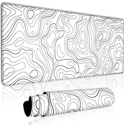 MATKING Topography Large Mouse Mat, XL White Gaming Mouse Pad with Seamed Edges, Waterproof Desk Mat, (800x300x3mm) Computer Keyboard Mat with Non-Slip Rubber Base, Desk Pad
