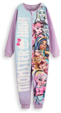 Monster High Girls Onesie | Kinder-Schlafanzug in Lila | Nachtwäsche aus Fleece mit Reißverschluss | Draculaura, Frankie Stein, Clawdeen Wolf | Mode-Cartoon-Serie, Merchandise-Geschenk