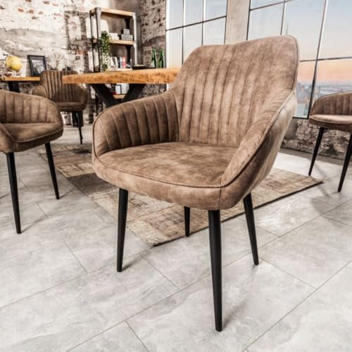 LEBENSwohnART Eleganter Stuhl Milan Mikrofaser Vintage-Taupe Ziersteppung Armlehnen Esszimmerstuhl Retro