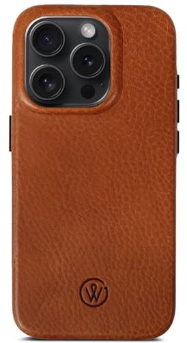 GOOD WILHELM Lederhülle kompatibel mit iPhone 15 Pro Max - Handgefertigtes Premium Case aus pflanzlich gegerbtem Leder, Dünn, magnetisches Laden (Qi) (Cognac Braun, iPhone 15 Pro Max)