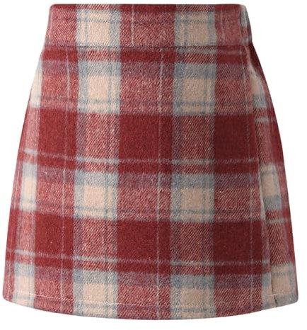 Maeau Mädchen Hüftrock Herbst Tweed Wickelrock Warm Plaid Bleistiftrock mit Innenhose Tweedrock Hohe Taille Minirock Schuluniform Kurz Rock Elastischer Taillen Herbstrock 152-158