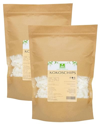 Kokos Chips 1kg, Gesunde Frücht Snack Chips von Green Essence | Ungesüßte Kokoschips 1 kg (2 x 500g), Chips aus Kokosnussfleisch, Ideal für Müsli, Desserts, Curry & Granola, 1 Kilogramm
