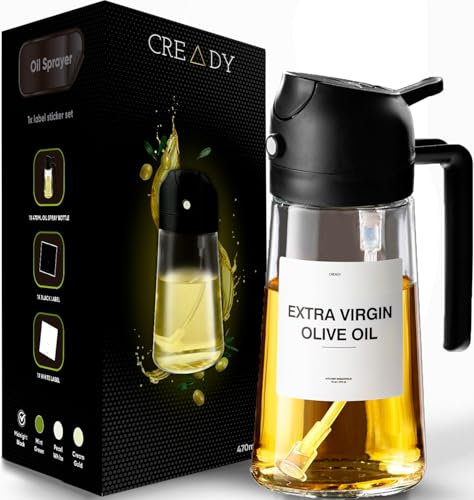 CREADY | Spray Aceite Cocina 470ml | 2 en 1 Dispensador Aceite Spray | Pulverizador Aceite Spray Freidora Aire | Aceitera Spray Pulverizador | Rociador Aceite Spray | Dispensador de Aceite