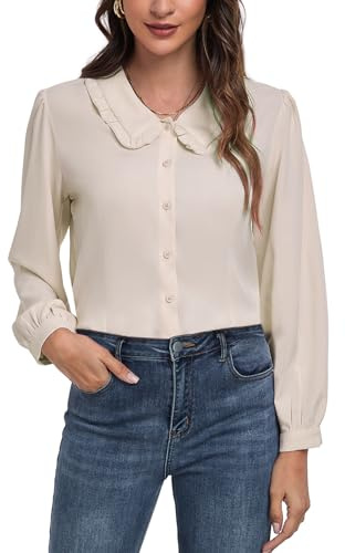 MINTLIMIT Women's Peter Pan Collar Shirt Long Sleeve Button Down Shirts Casual Work Vintage Blouses