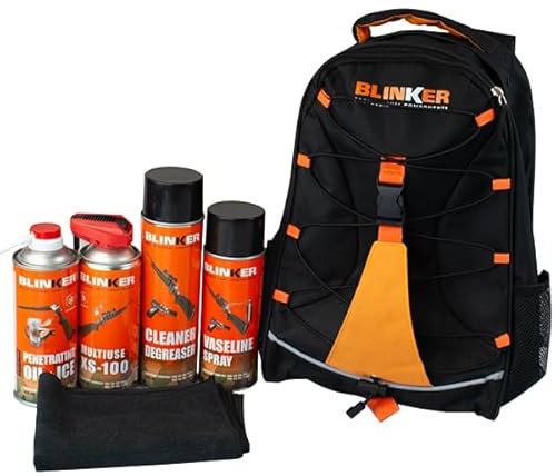 Blinker - Kit Completo para el Cuidado de Armas y Réplicas - Incluye: Lubricante Multiusos, Desengrasante, Vaselina, Aflojatodo Premium, Paño de Microfibra Multiusos y Mochila