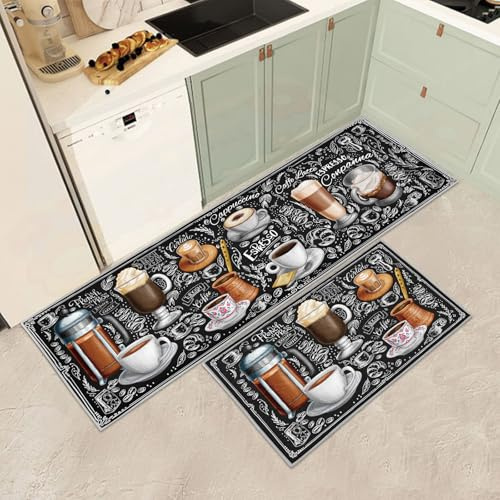 Küchenteppiche 2 Stück,Vintage rutschfest Waschbar Dauerhaft Küchenläufer Flurläufer, Anti-Müdigkeit Küchenteppich Teppich Läufer für Küche,Carpet für Badezimmer/Wohnzimmer Flur (M, 43x75+43x150cm)