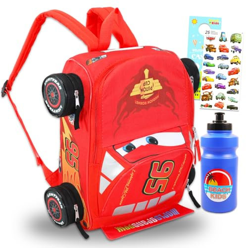 Disney Cars Mini-Rucksack für Kinder – Bundle mit 35,6 cm Lightning McQueen Rucksack mit Wasserflasche, Aufklebern, mehr | 3D Lightning McQueen Reisetaschen-Set für Mädchen, Jungen, Mehrfarbig,