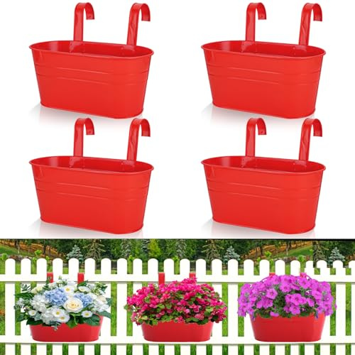 DAJAVE Lot de 4 pots de fleurs de balcon à suspendre en métal avec crochet pour balustrade sur clôture, jardin, clôture, balcon
