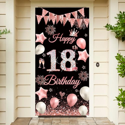 18 Ans Banderole Joyeux Anniversaire, Décoration Anniversaire 18 Ans Toile de Fond pour Hommes Femmes, Bannière Joyeux pour Salon Jardin, Noir Rose 180 x 90 cm