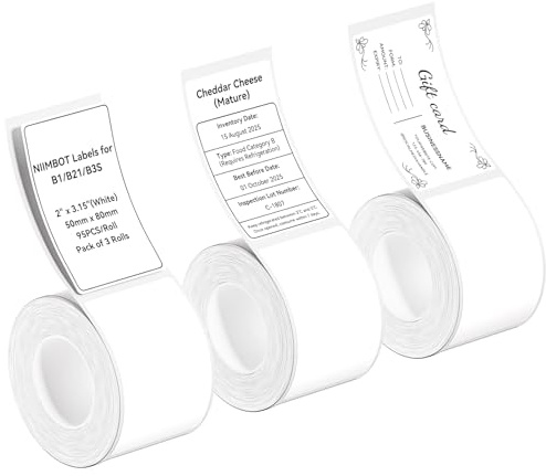 NIIMBOT 3 Rolls Labels Stickers for B1/B2/B21/B3/K2/K3/K4 Printers | Waterproof & Wear-Resistant Thermal Labels with Easy-Peel Design – 50×80mm, 95Pcs/Roll for Office, Commercial & Business