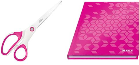 Leitz WOW Set Titan Qualitätsschere + Notizbuch A5 kariert, Hardcover, 160 Seiten, 80 Blatt, Für Rechts- oder Linkshänder, Haushaltsschere für zu Hause oder Schule, Pink, 53192023 + 46281023