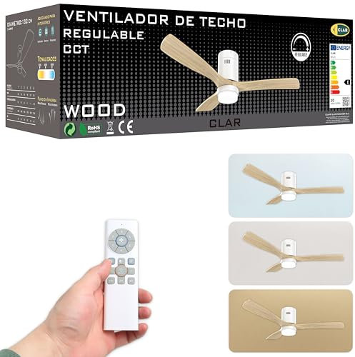 CLAR Ventilador de Techo con Luz, Ventilador Techo Madera Silencioso con Mando y Motor Reversible, 6 Velocidades, Ceiling Fan with Light (Wood, 132cm, 20W)