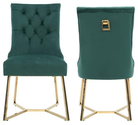 Life Interiors Ambra Modern Velvet Dining Chair – Black Tufted Accent Chair with Gold Legs & Ring Handle - Ideal for Dining Room Living Room Restaurants