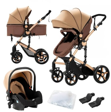 carrito bebe 3 en 1,cochecito reversible,con estructura triangular y suspensión de doble resorte,plegable con un solo clic para recién nacidos y niños pequeños(caqui)