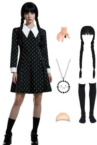 Miulruma Halloween Gothic Kostüm Damen, Karneval Fasching Kostüm Gothic Familie Cosplay Outfit Schwarzes Kleid mit Aufdruck, Perücke & Accessoires, Kniestrümpfe, Kette, Haarspange A049L