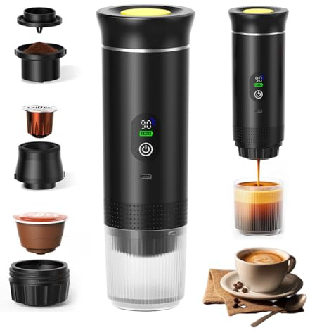 Mini Machine a Cafe Portable 3 en 1 - Cafetière Portable 20 bars Avec USB-C, Machine à café de camping auto-chauffante - Compatible avec café moulu & capsules - Pour randonnée, bureau, camping-car