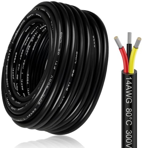 10M/32.8ft 14 Gauge Electrical Wire 3x2.0mm², 3 Core Conductor Extension Cable, 14 AWG Flexible Low Voltage Tinned Copper Wire,Black Reel Cable