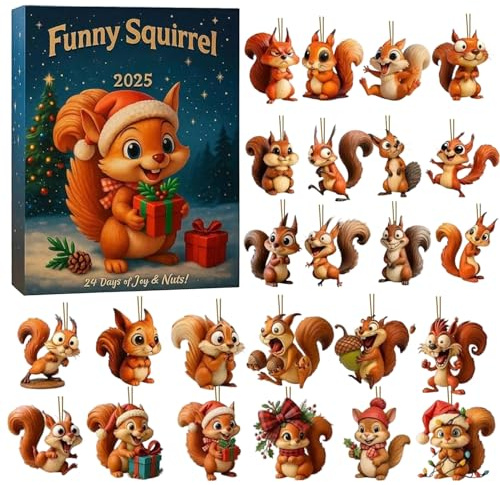 Eichhörnchen-Adventskalender 2025, 24 Tage Weihnachts-Countdown-Kalender mit 2D-flachem Acryl-Eichhörnchen-Figuren-Anhänger, Überraschungsgeschenk für Weihnachtsbaum, Zuhause, Tür, Wand