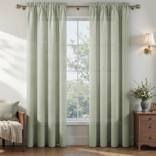 MRTREES Leinen Vorhänge Salbeigrün 2er Set mit Stangendurchzug,H225xB140 cm | Vorhang Halbtransparent,Leinenvorhänge für Stilvolles Wohnzimmer und Schlafzimmer Modern,Natural Boho Landhaus